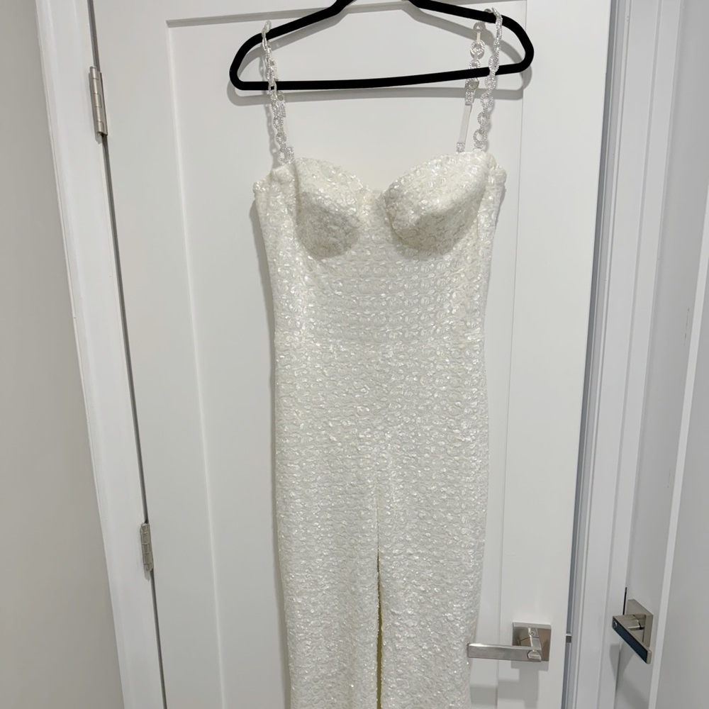 NADINE MERABI White Sequin Strap Jumpsuit with Belt - Picture 2 of 3